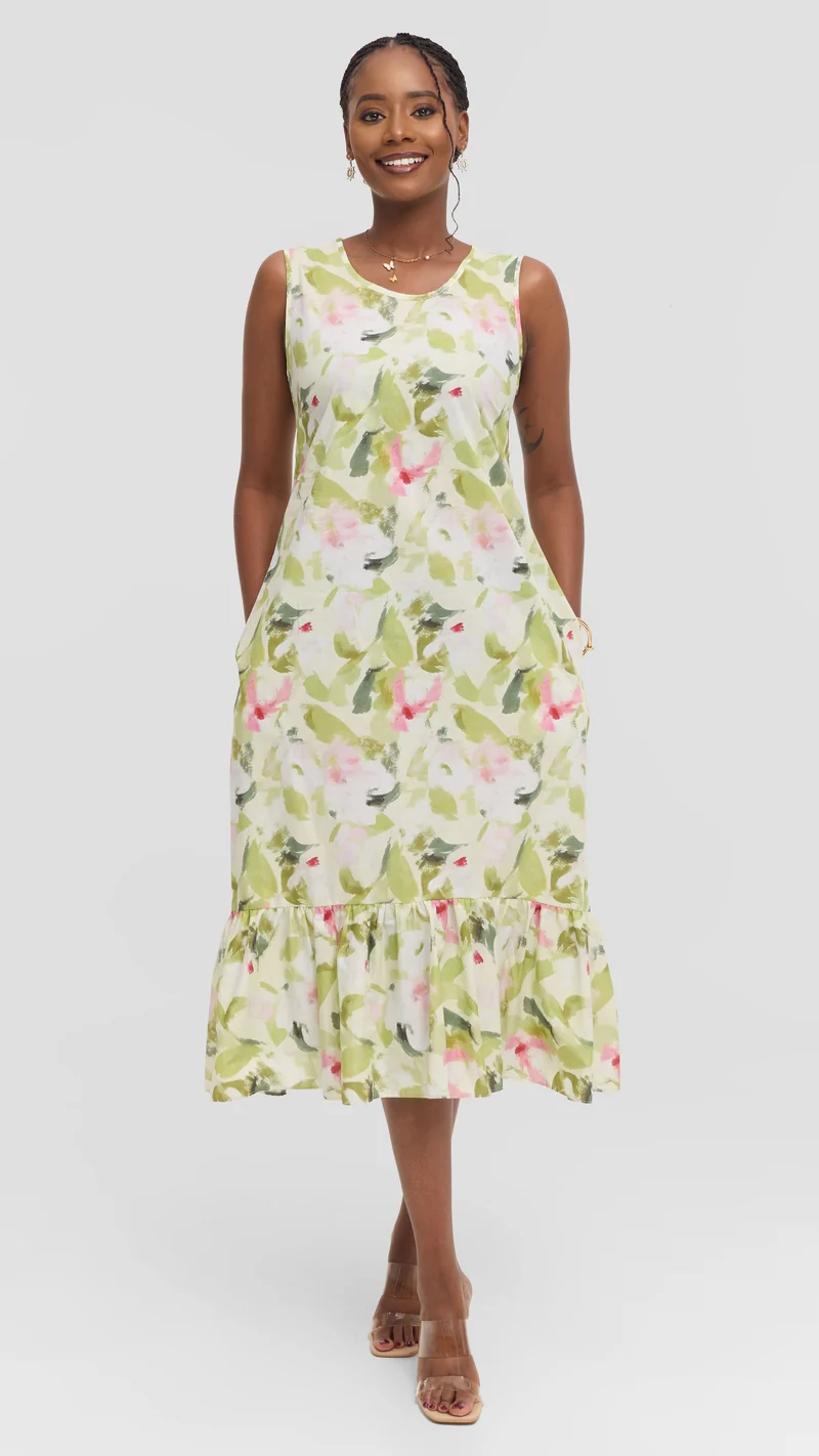 Vivo Dalia Sleeveless Tie Midi Dress in Print Cotton - Olive Multicolor Print