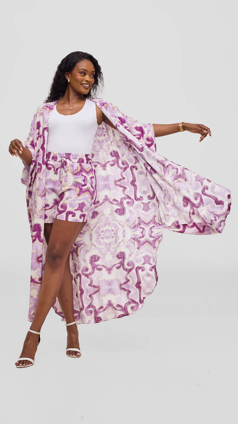 Vivo Talia Kimono & Shorts Set - Lilac / Purple Print