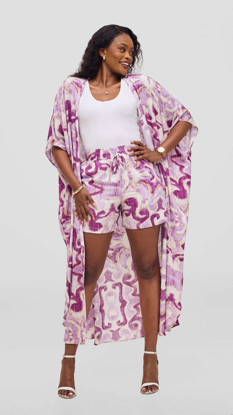Vivo Talia Kimono & Shorts Set - Lilac / Purple Print