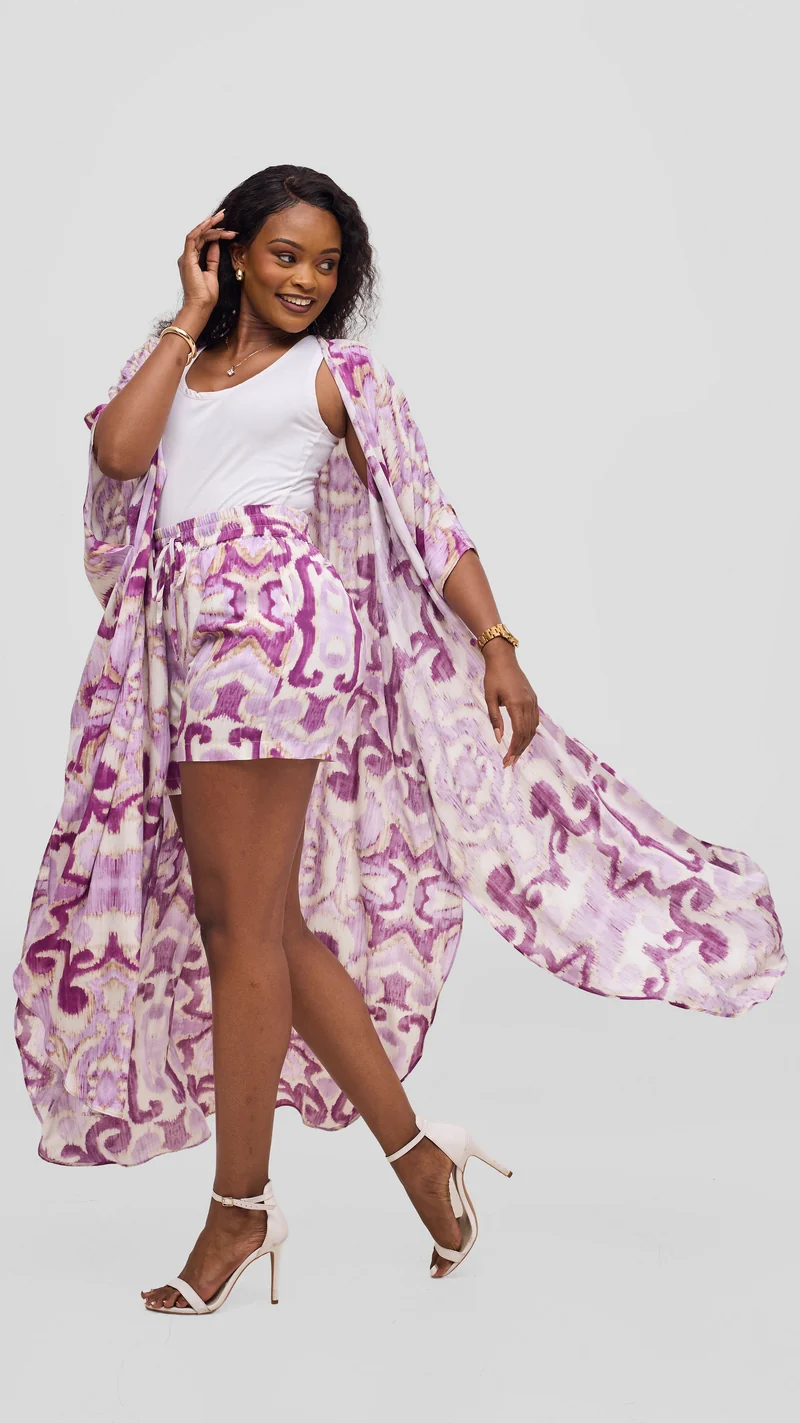 Vivo Talia Kimono & Shorts Set - Lilac / Purple Print