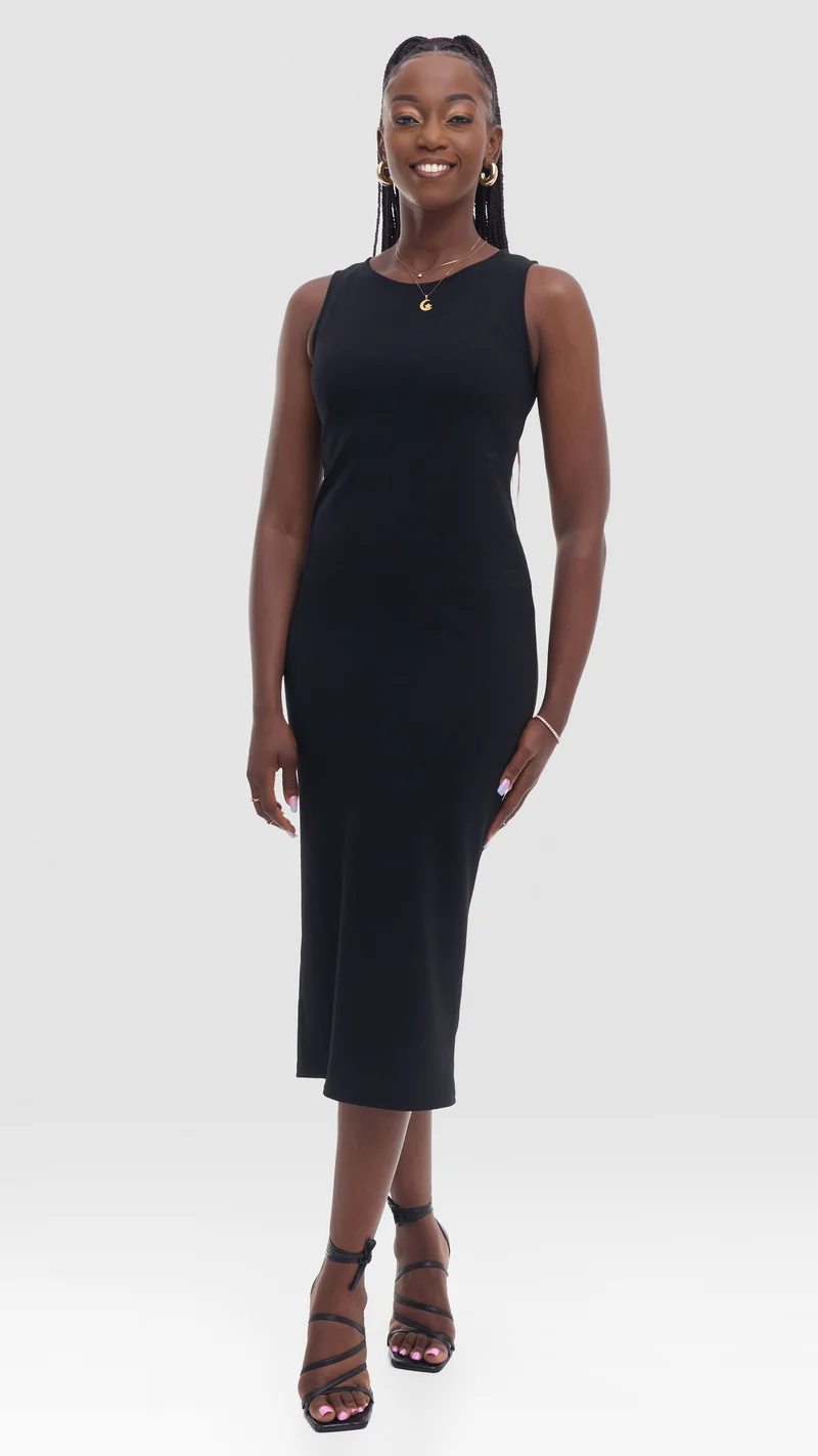 Vivo Midi Bodycon in Stretch Rib - Black