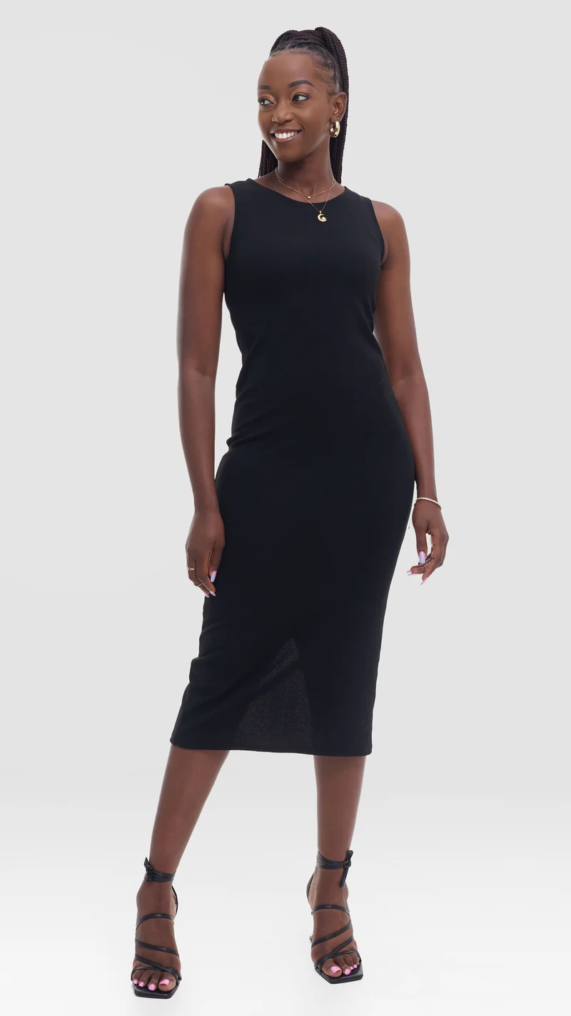 Vivo Midi Bodycon in Stretch Rib - Black