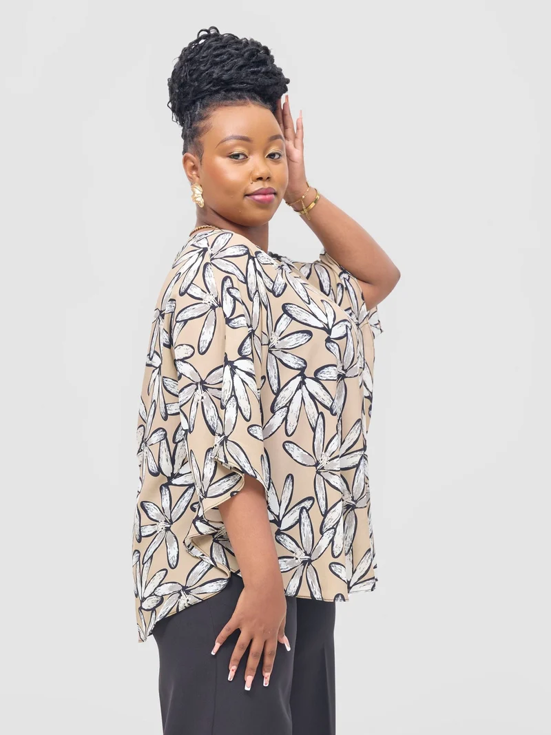 Vivo Sakari Circular Loose Top - Taupe / Grey Print