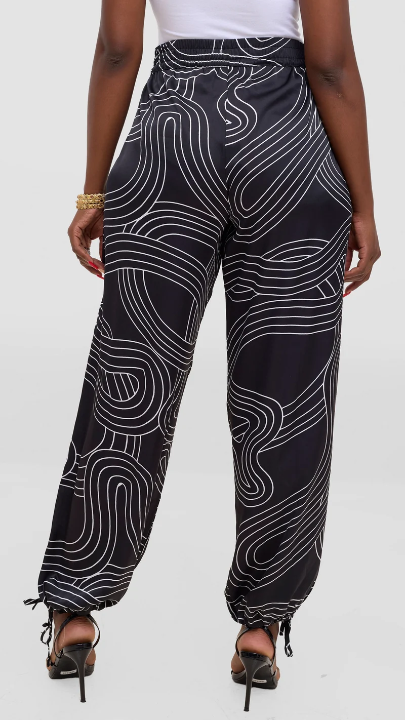 Vivo Liora Drawstring Pants In Satin - Black / White Print