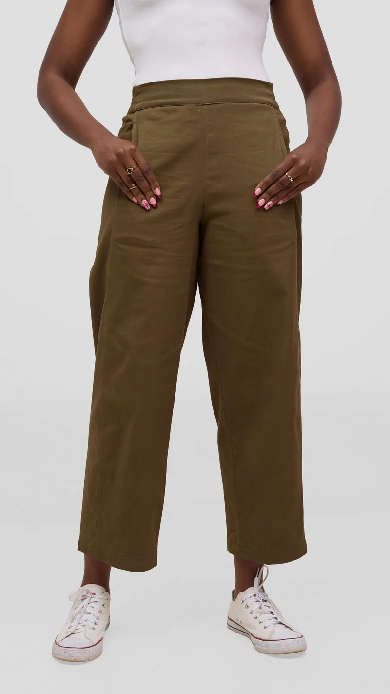 Vivo Lulu Cotton Barrel Pants - Khaki Green