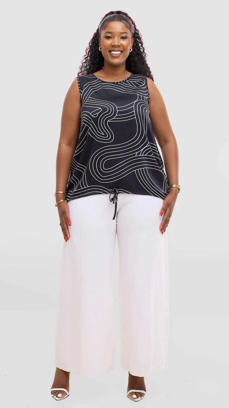 Vivo Liora Sleeveless Drawstring Top In Satin - Black / White Print
