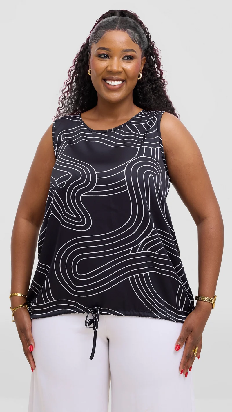Vivo Liora Sleeveless Drawstring Top In Satin - Black / White Print