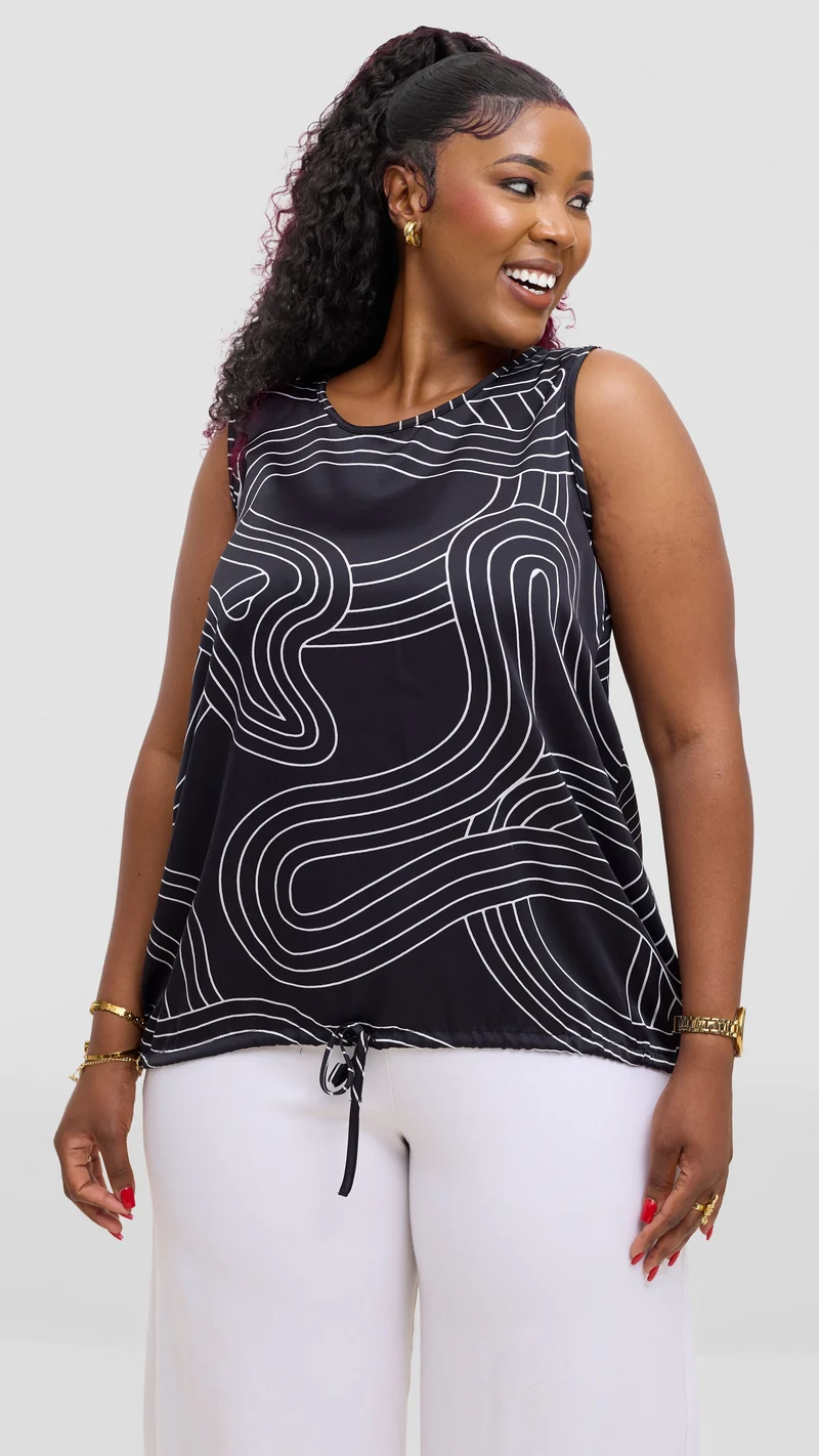 Vivo Liora Sleeveless Drawstring Top In Satin - Black / White Print