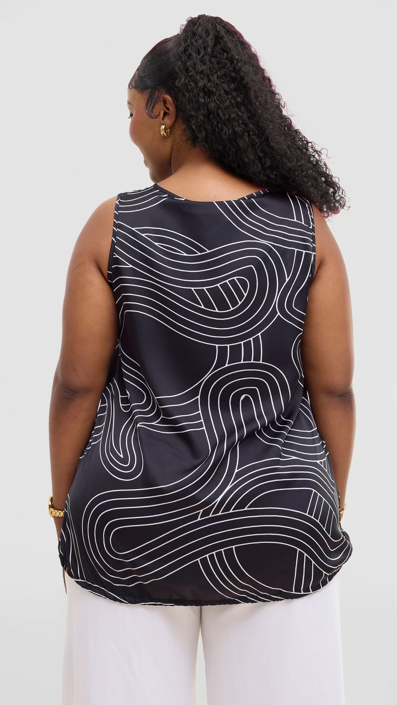 Vivo Liora Sleeveless Drawstring Top In Satin - Black / White Print