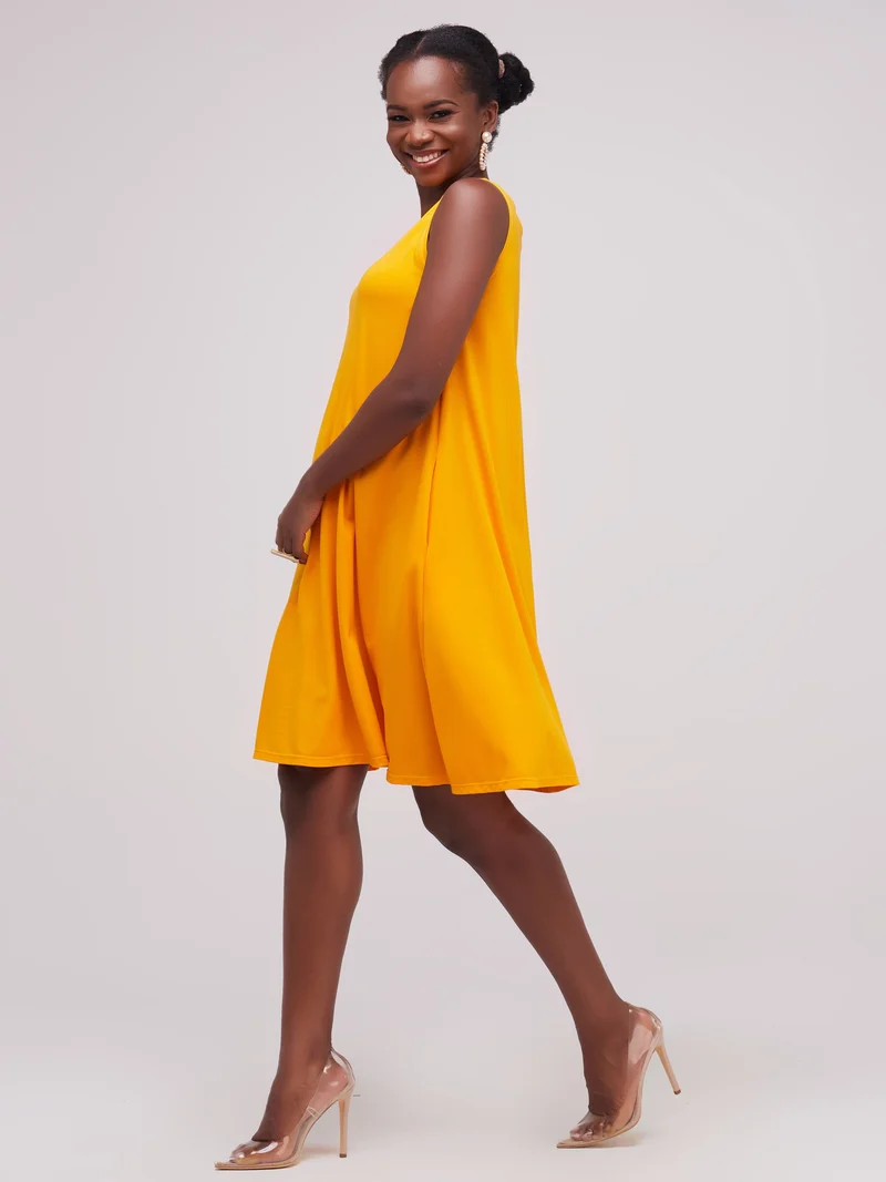Vivo Basic Sleeveless Kena Tent Dress In Ponte - Mustard