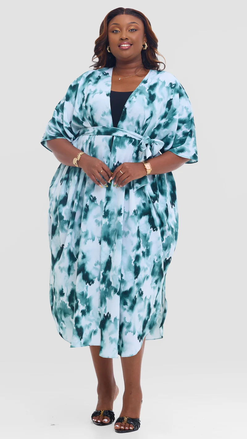 Vivo Scalloped Kimono in Crepe - Teal / Off White Print