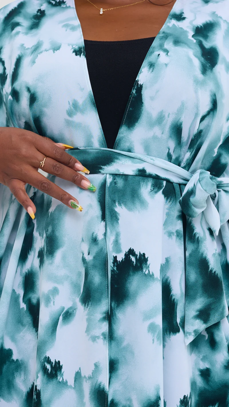 Vivo Scalloped Kimono in Crepe - Teal / Off White Print