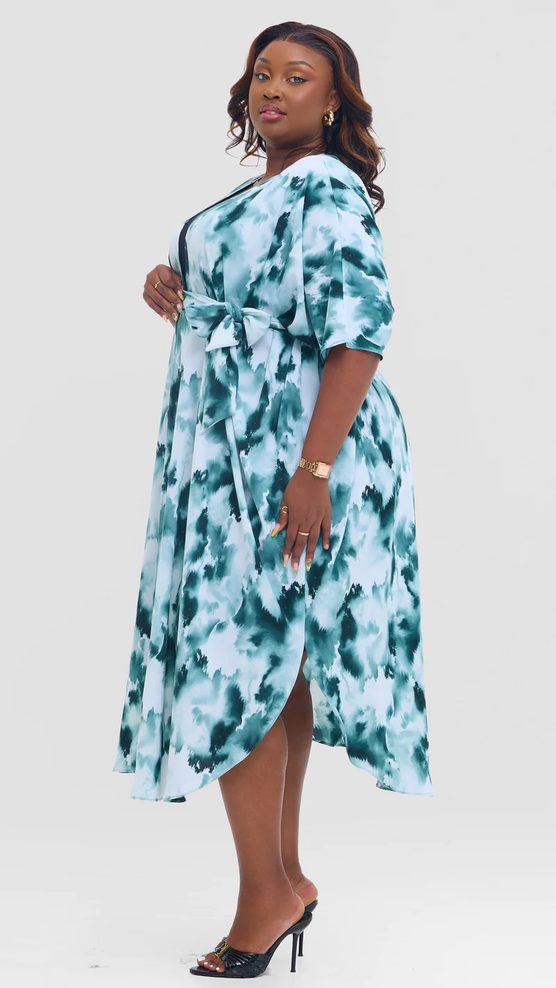 Vivo Scalloped Kimono in Crepe - Teal / Off White Print