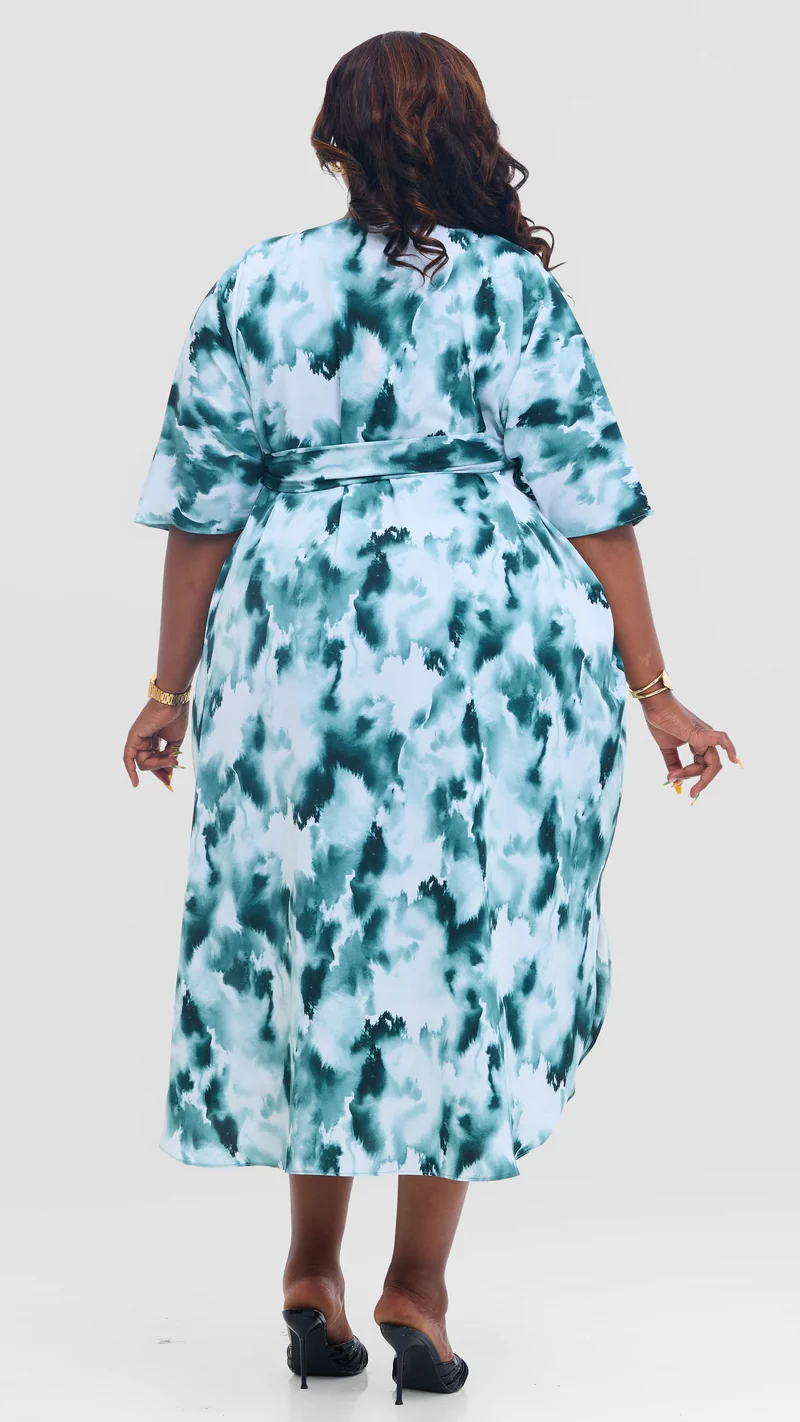 Vivo Scalloped Kimono in Crepe - Teal / Off White Print
