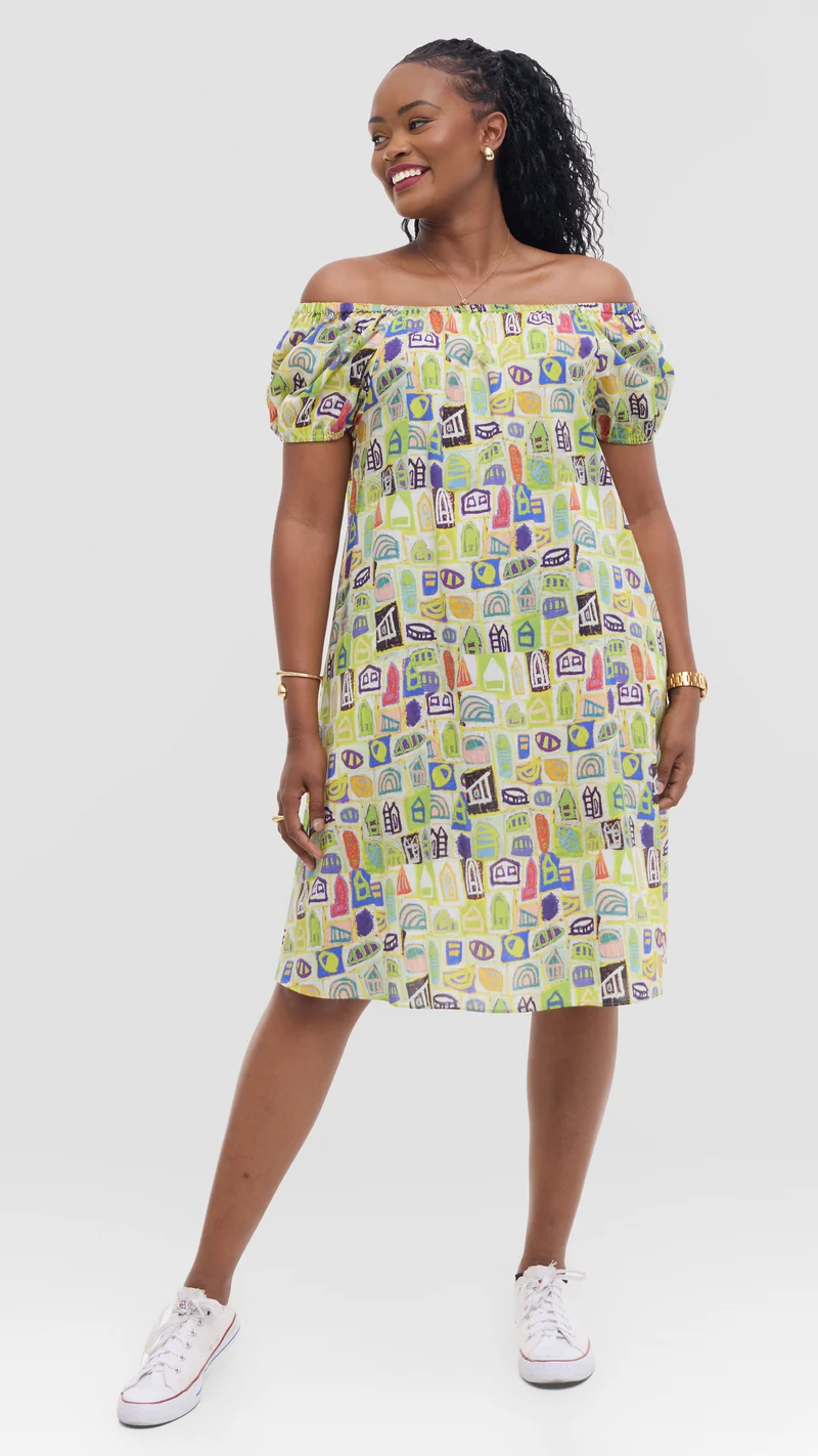 Vivo Off Shoulder Dress in Print Cotton - Yellow Multicolor