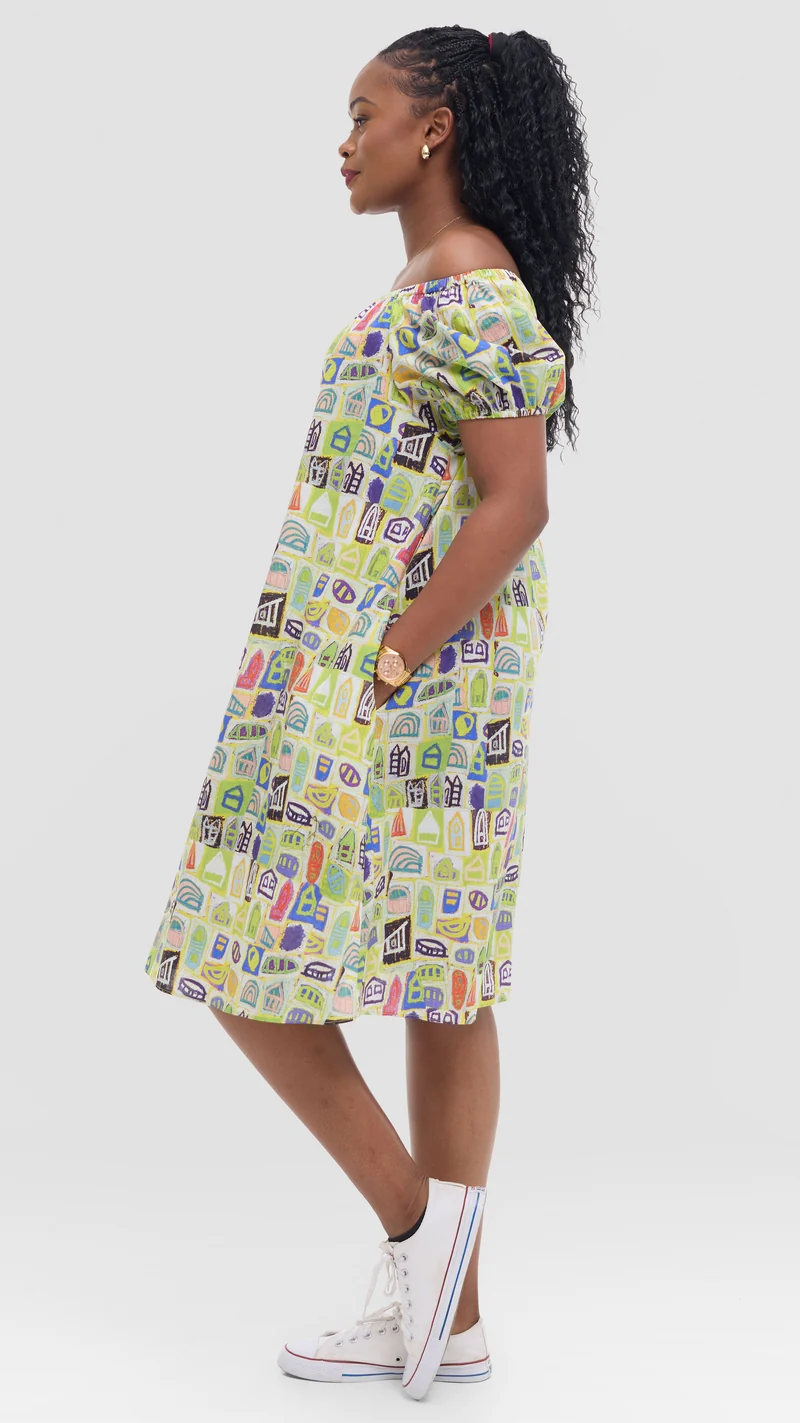 Vivo Off Shoulder Dress in Print Cotton - Yellow Multicolor