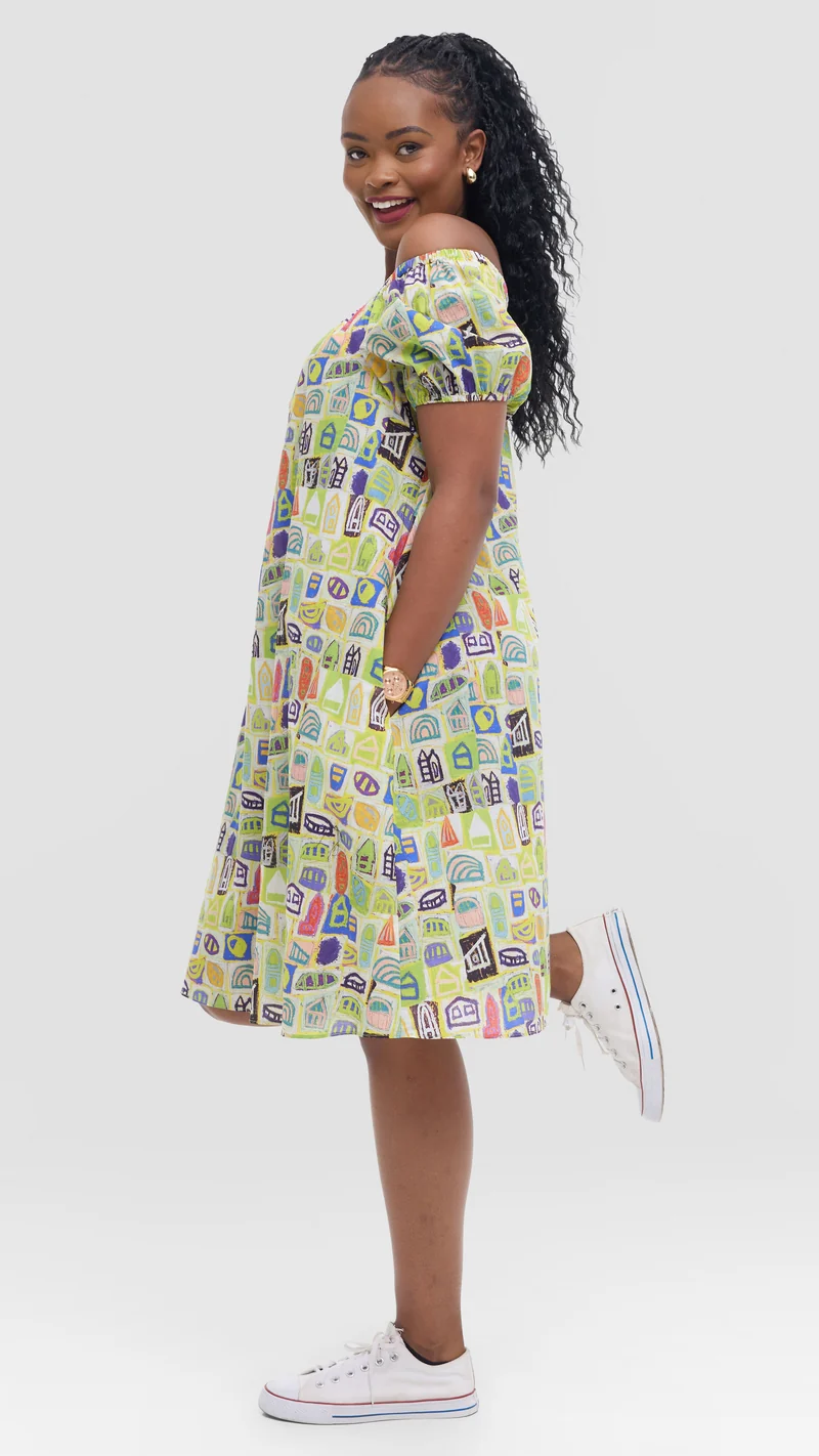 Vivo Off Shoulder Dress in Print Cotton - Yellow Multicolor