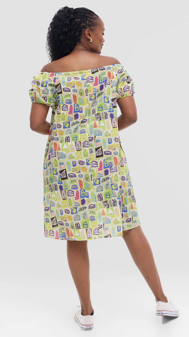 Vivo Off Shoulder Dress in Print Cotton - Yellow Multicolor