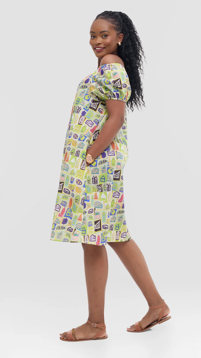 Vivo Off Shoulder Dress in Print Cotton - Yellow Multicolor