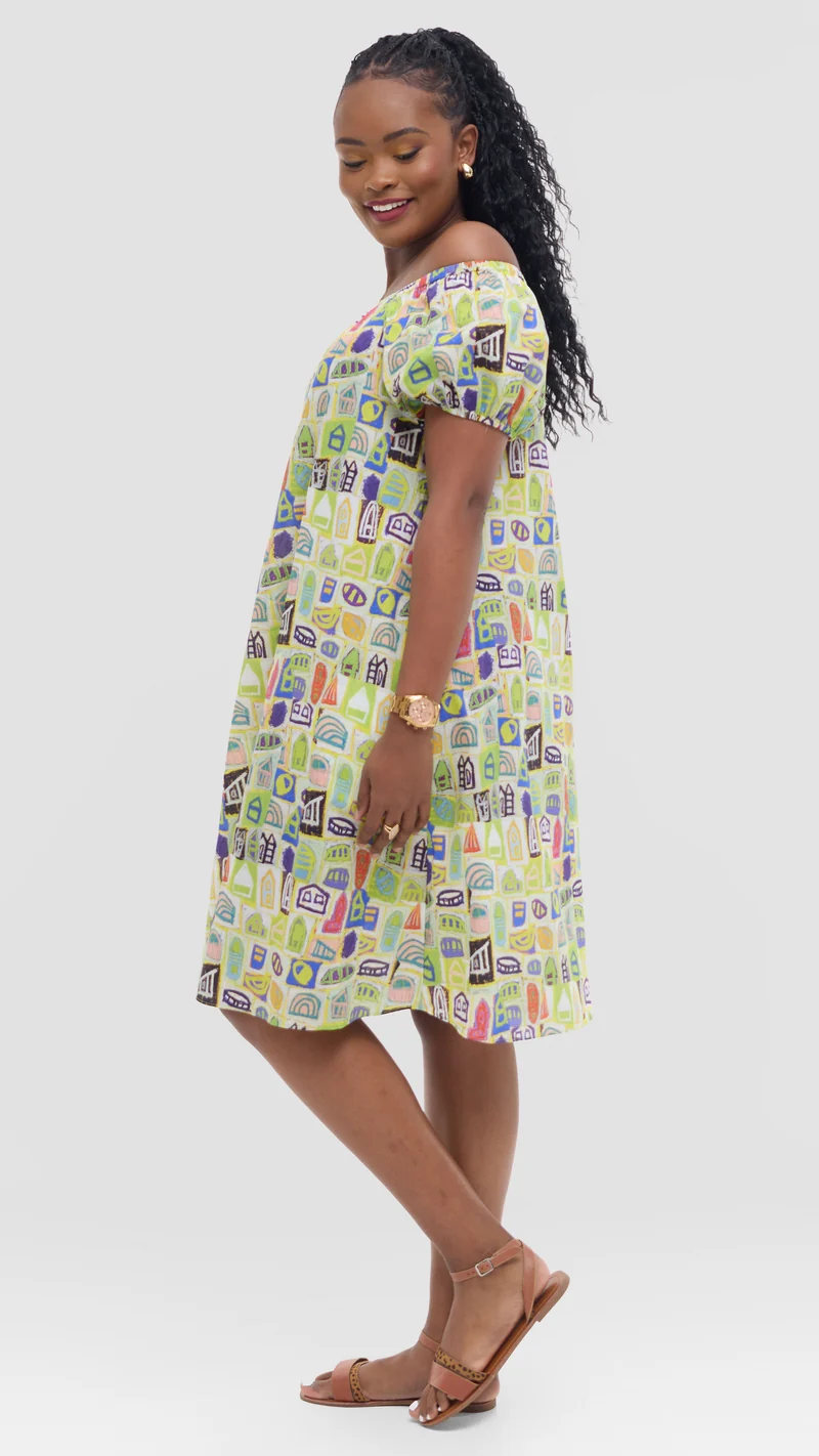Vivo Off Shoulder Dress in Print Cotton - Yellow Multicolor