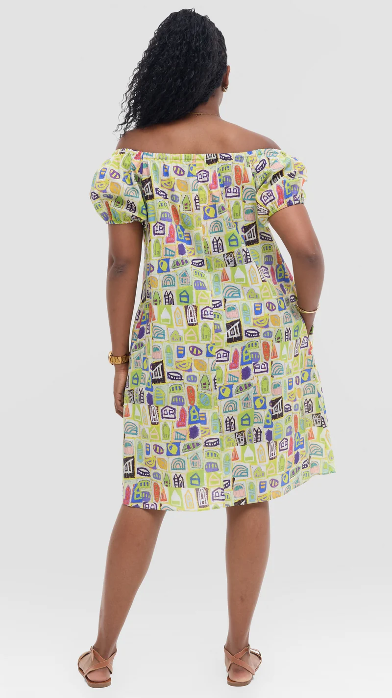 Vivo Off Shoulder Dress in Print Cotton - Yellow Multicolor