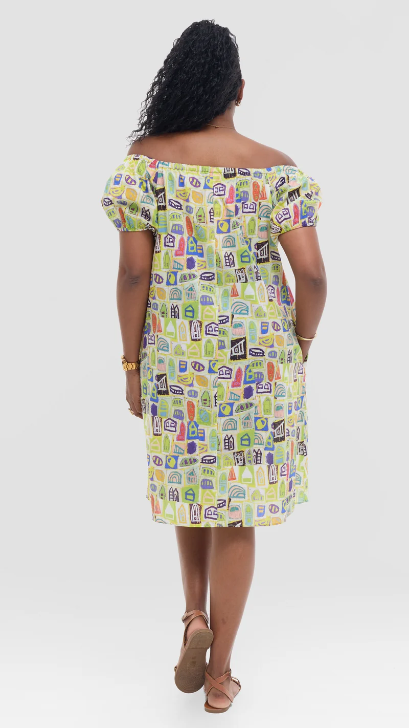 Vivo Off Shoulder Dress in Print Cotton - Yellow Multicolor