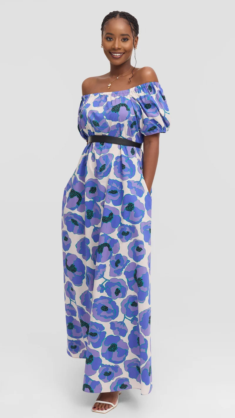 Vivo Off Shoulder Maxi Dress in Cotton - Blue Multicolor Print