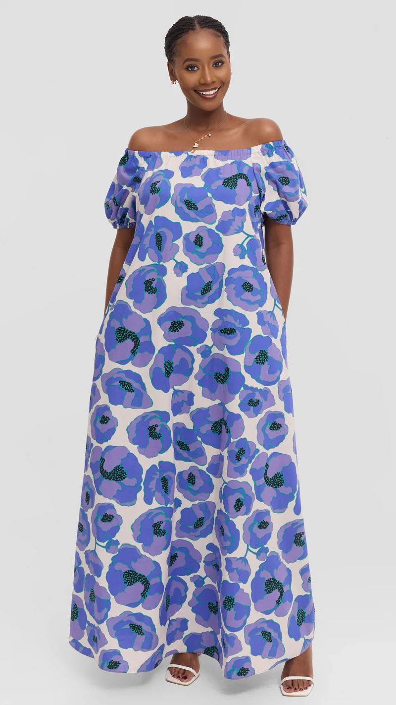 Vivo Off Shoulder Maxi Dress in Cotton - Blue Multicolor Print