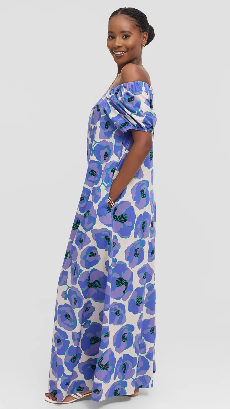 Vivo Off Shoulder Maxi Dress in Cotton - Blue Multicolor Print