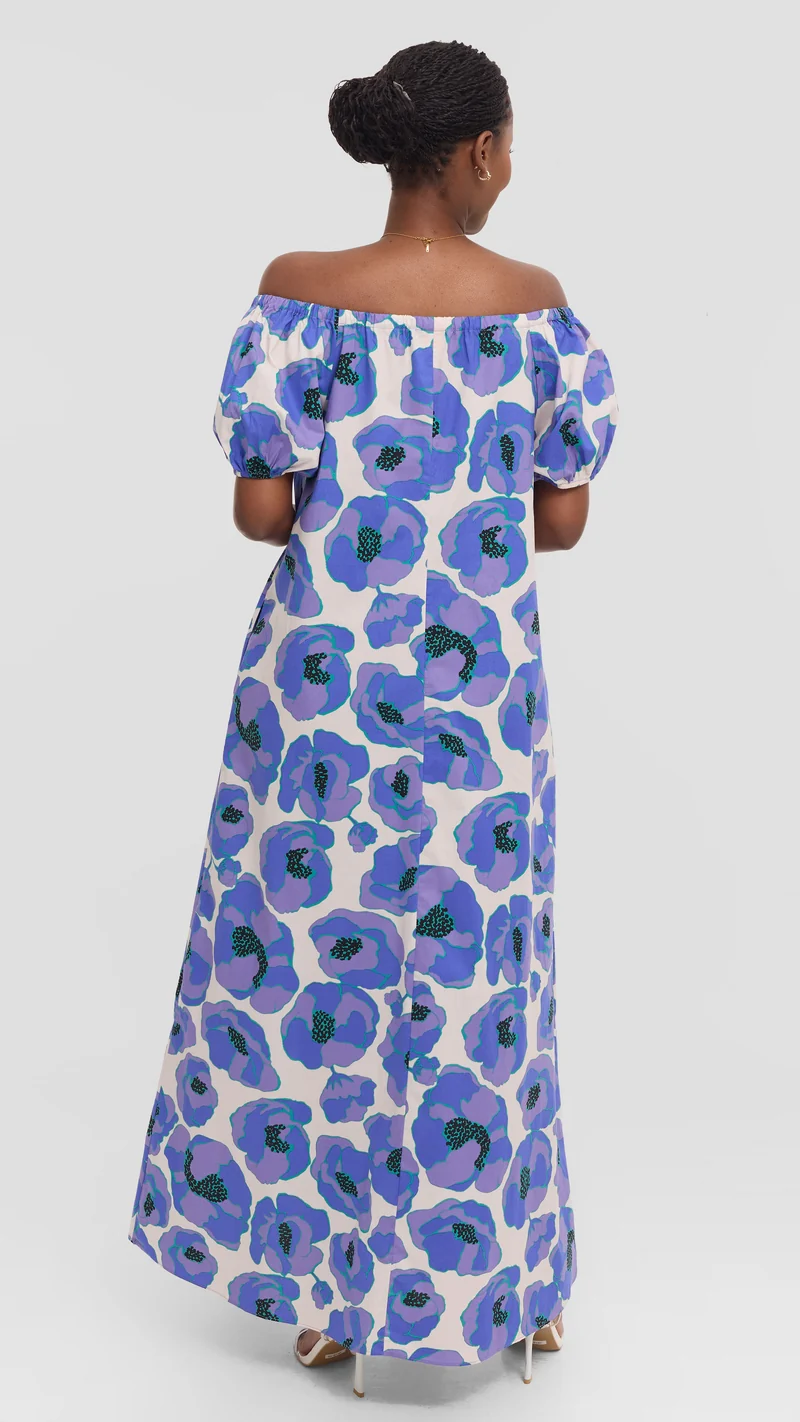 Vivo Off Shoulder Maxi Dress in Cotton - Blue Multicolor Print