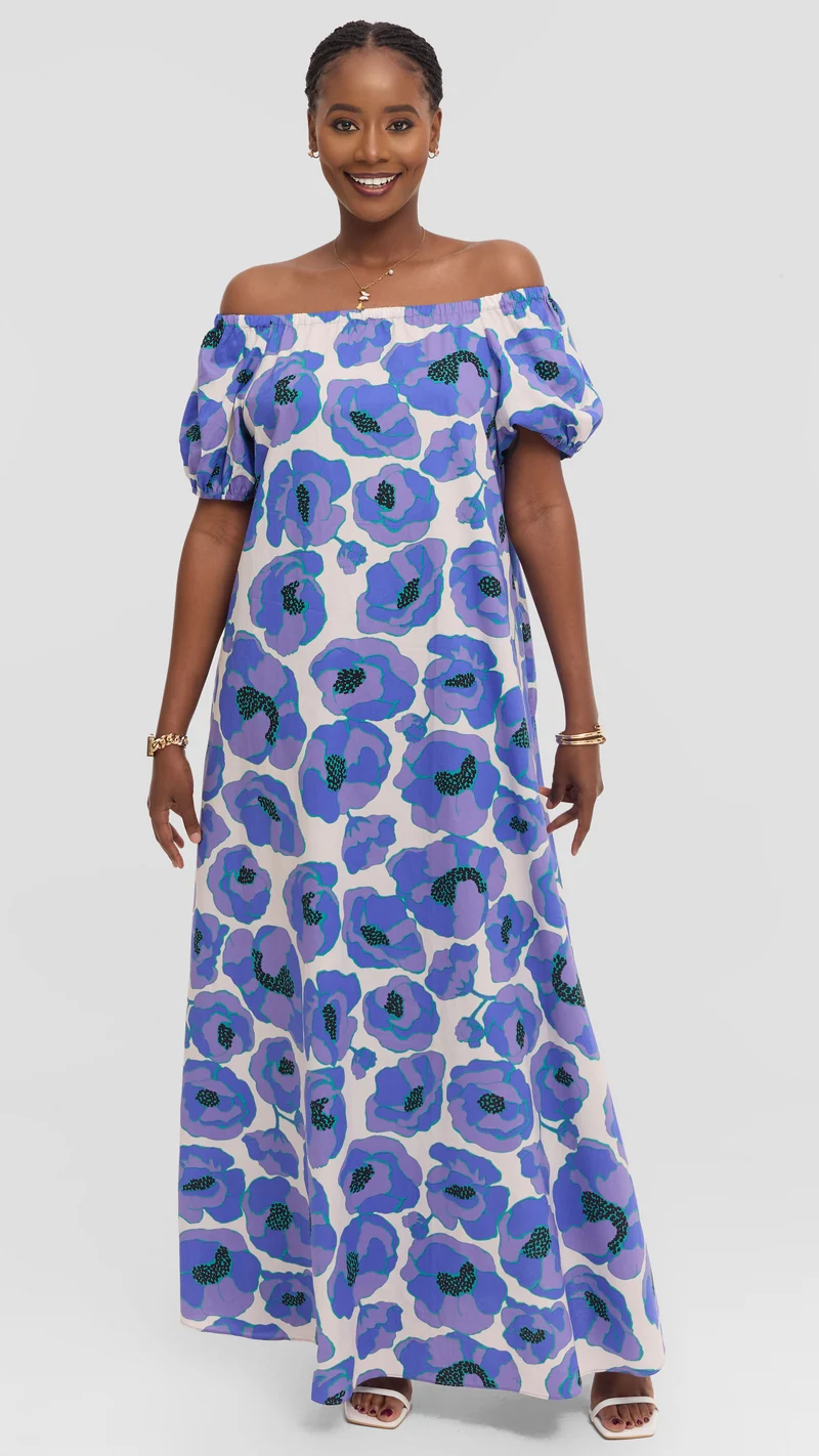 Vivo Off Shoulder Maxi Dress in Cotton - Blue Multicolor Print