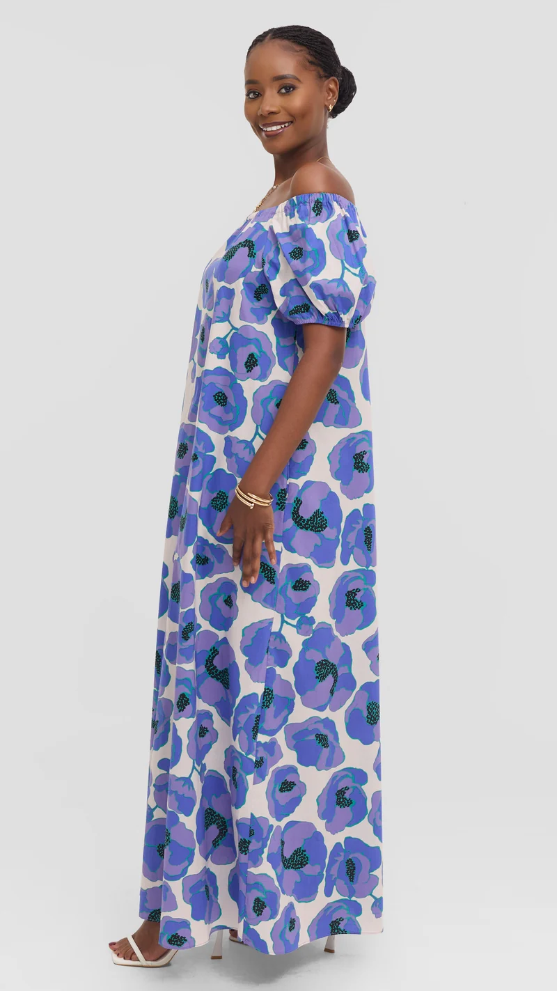 Vivo Off Shoulder Maxi Dress in Cotton - Blue Multicolor Print