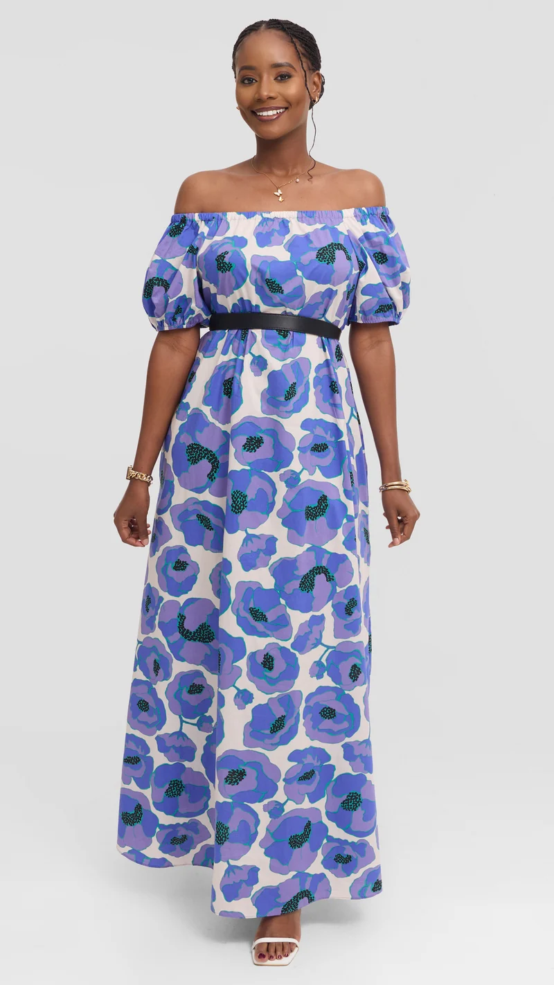 Vivo Off Shoulder Maxi Dress in Cotton - Blue Multicolor Print