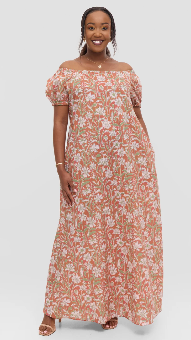Vivo Off Shoulder Maxi Dress in Cotton - Rust Multicolor Print