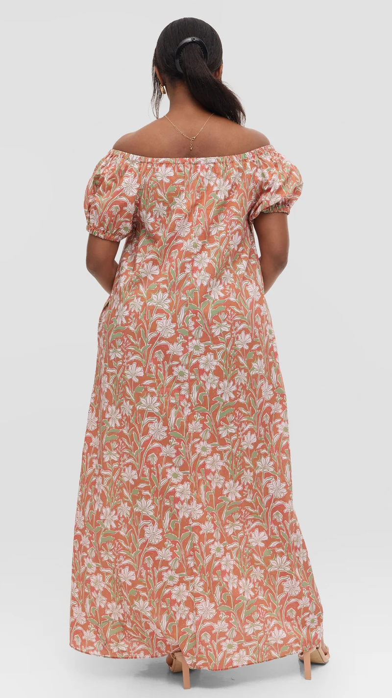 Vivo Off Shoulder Maxi Dress in Cotton - Rust Multicolor Print