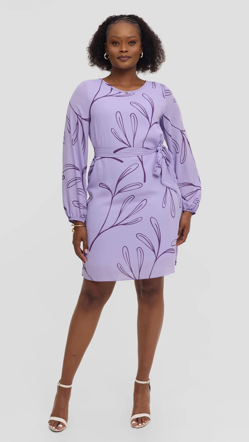 Vivo Zawadi Shift Dress in Chiffon - Lilac / Purple Print