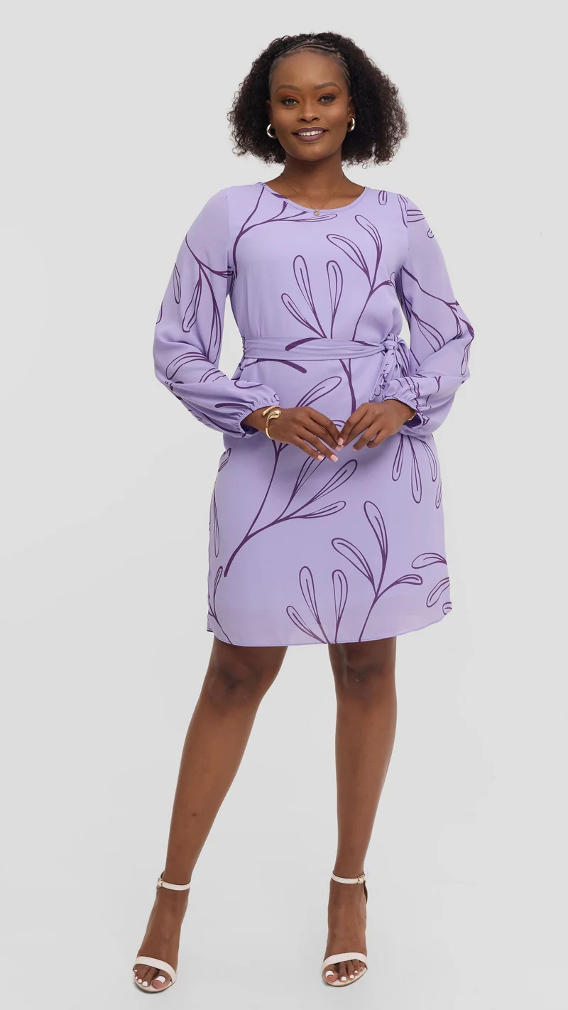 Vivo Zawadi Shift Dress in Chiffon - Lilac / Purple Print