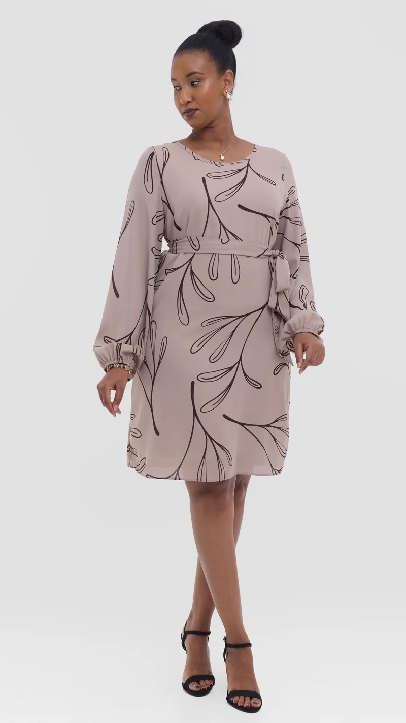 Vivo Zawadi Shift Dress in Chiffon - Beige / Brown Print