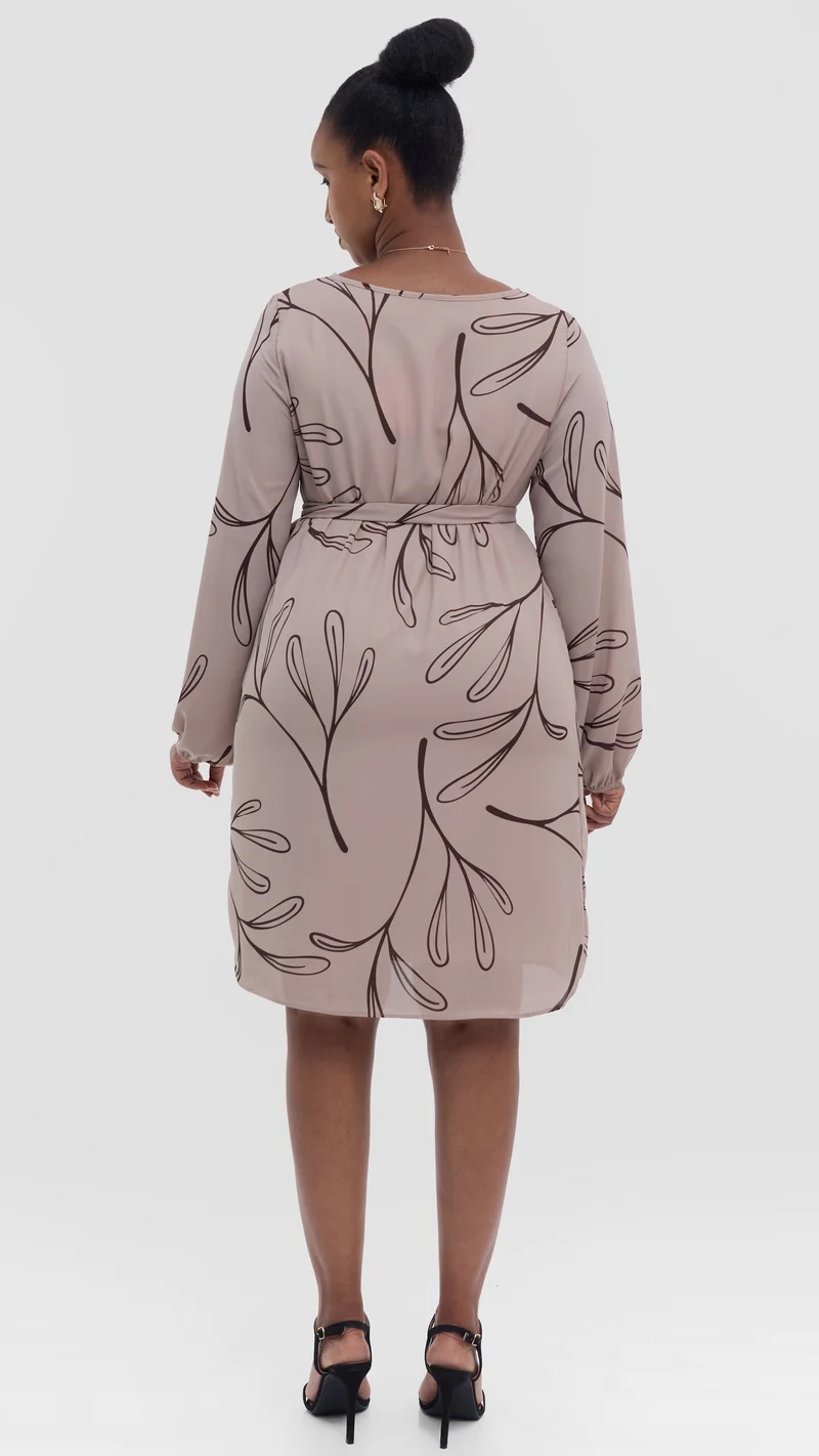 Vivo Zawadi Shift Dress in Chiffon - Beige / Brown Print