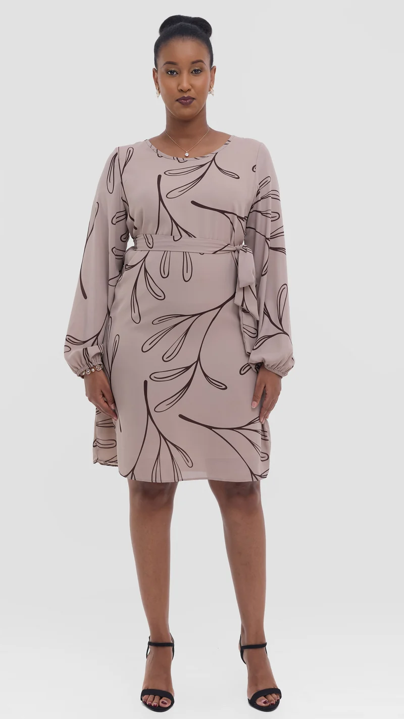 Vivo Zawadi Shift Dress in Chiffon - Beige / Brown Print