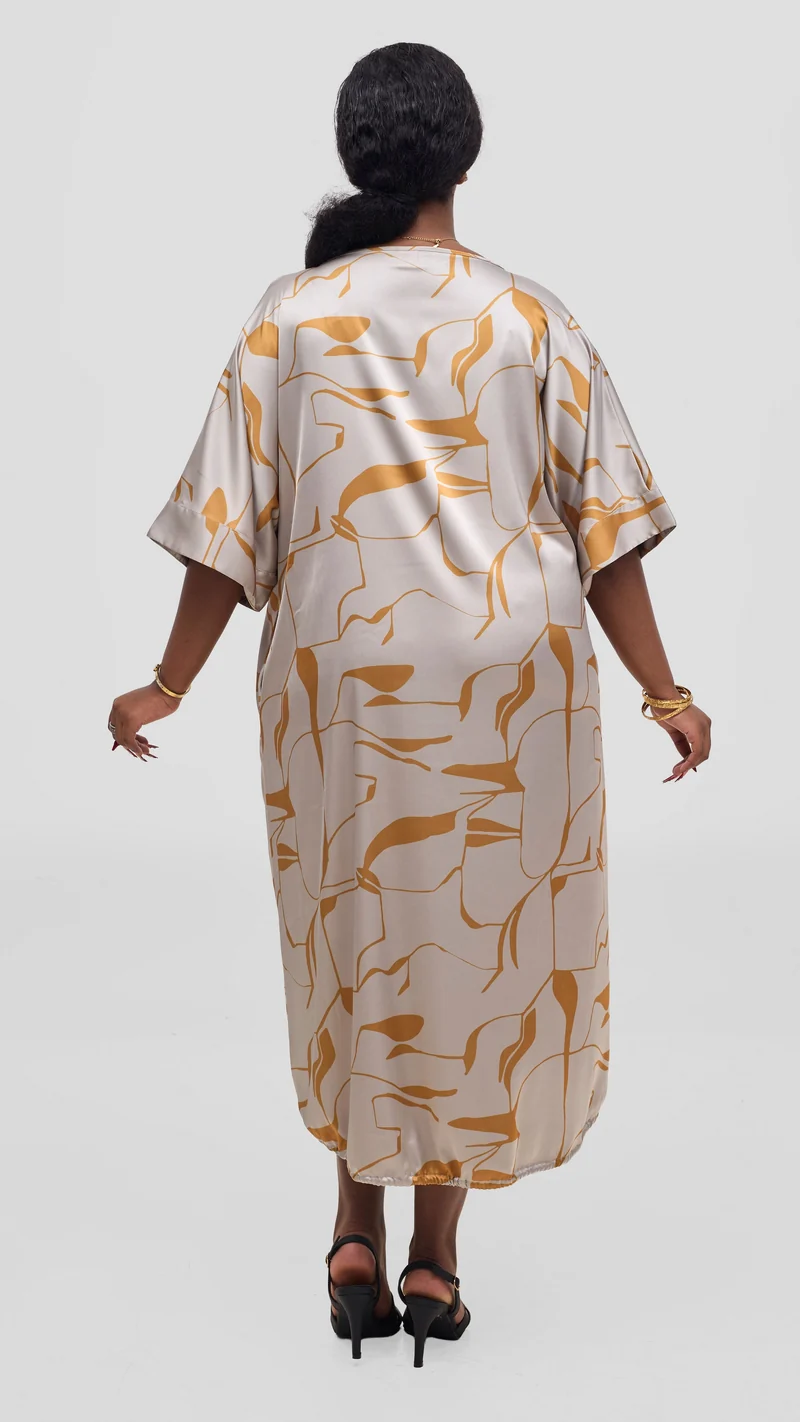 Vivo Liora Drawstring Midi Dress - Grey / Mustard Ziza Print