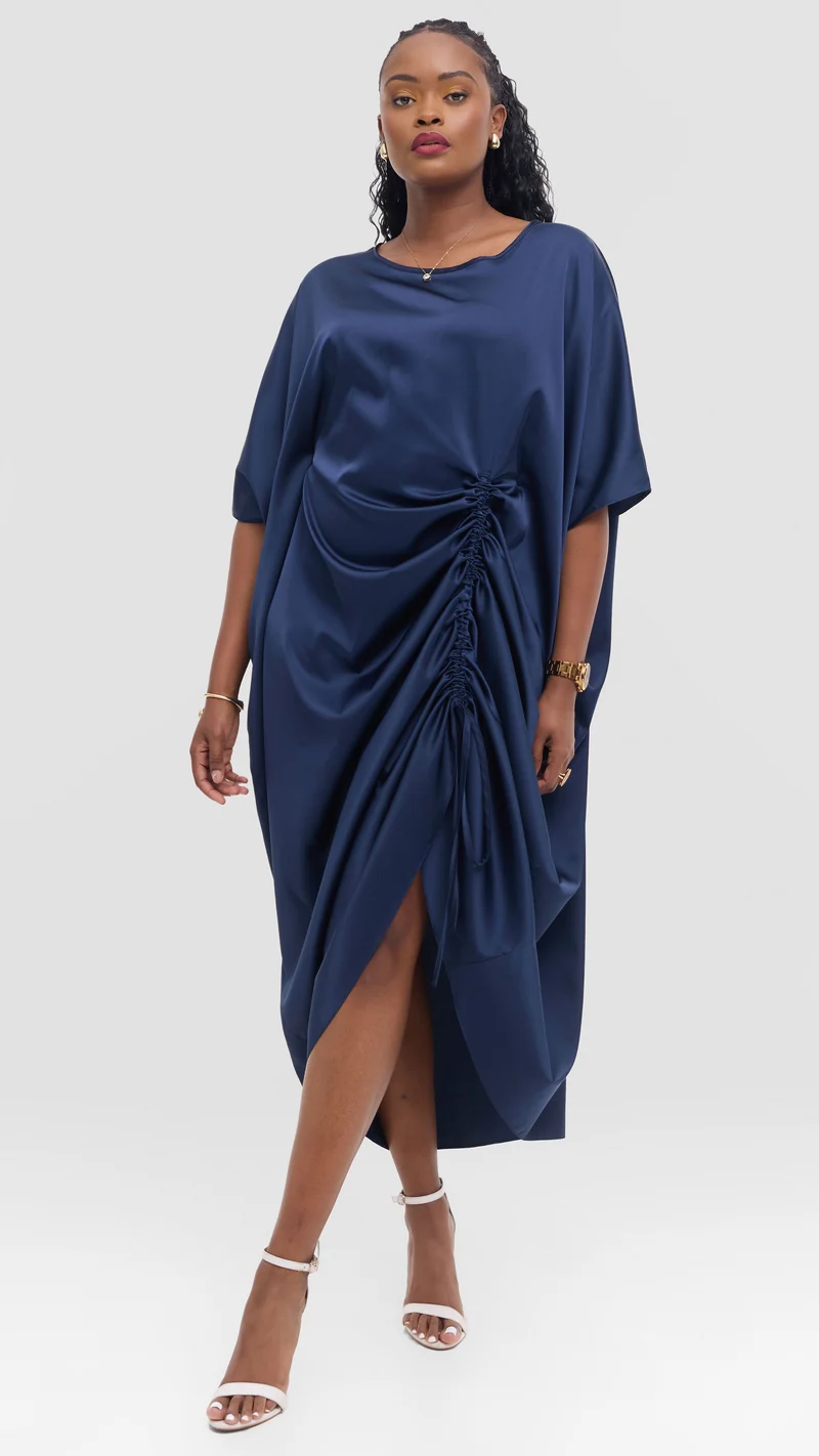 Vivo Liora Side Drawstring Kaftan Dress in Satin - Navy