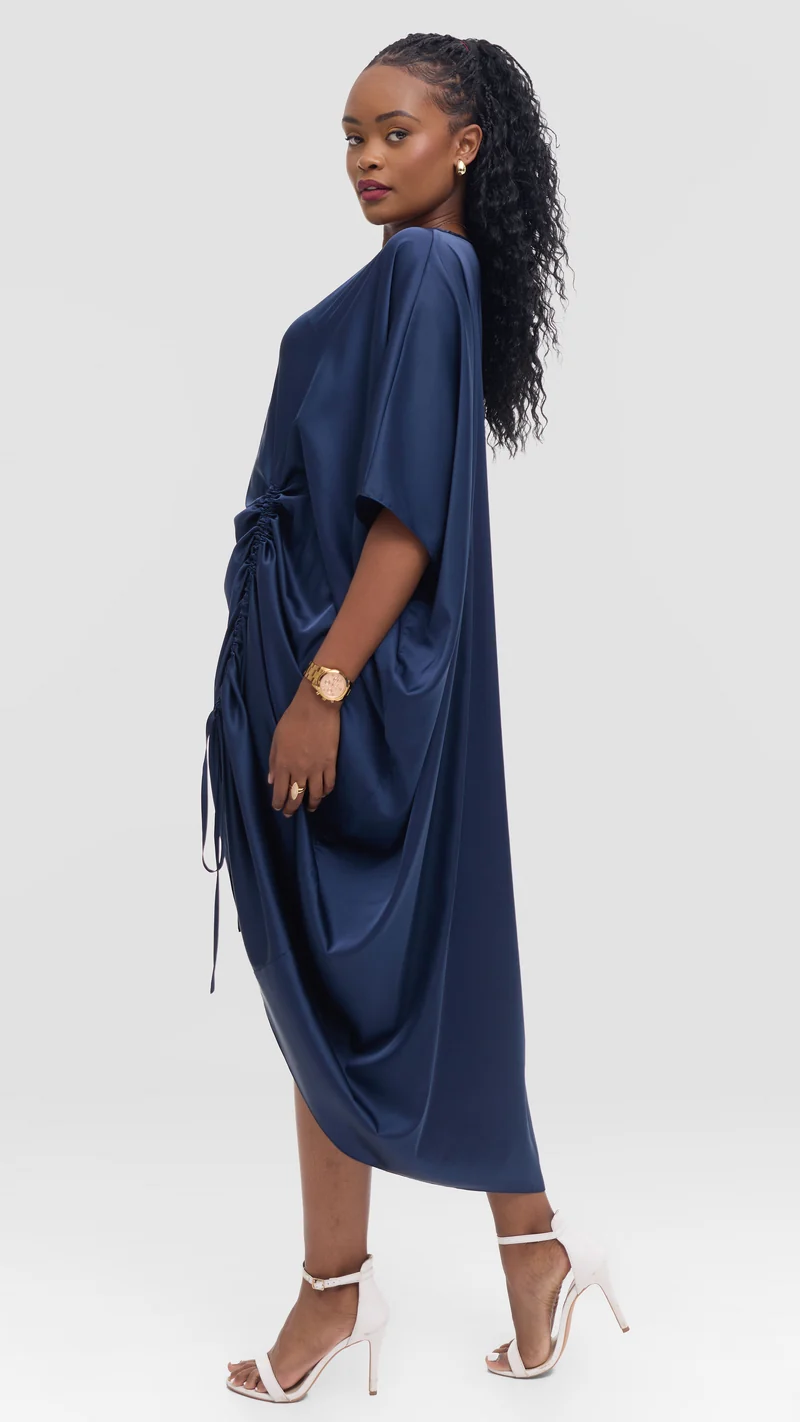 Vivo Liora Side Drawstring Kaftan Dress in Satin - Navy