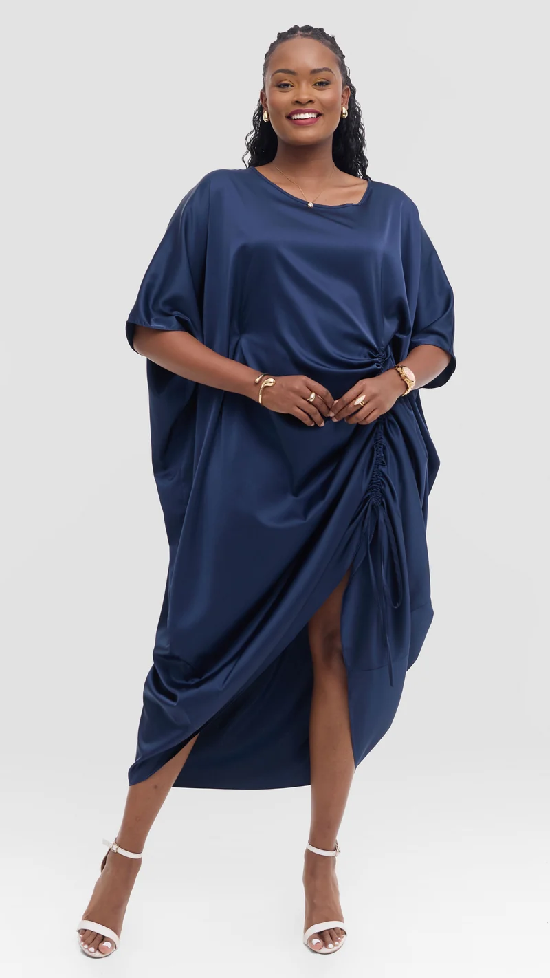Vivo Liora Side Drawstring Kaftan Dress in Satin - Navy