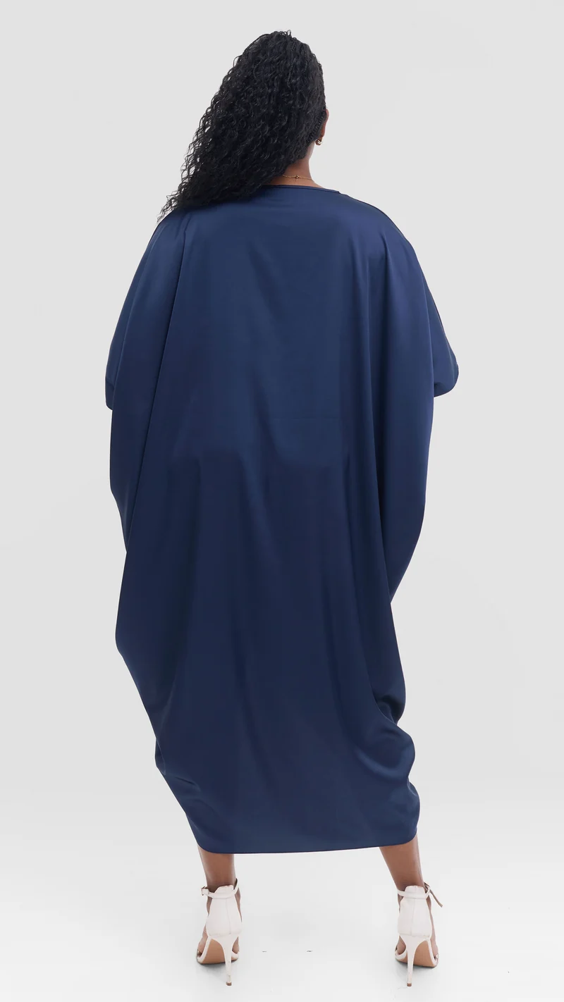 Vivo Liora Side Drawstring Kaftan Dress in Satin - Navy