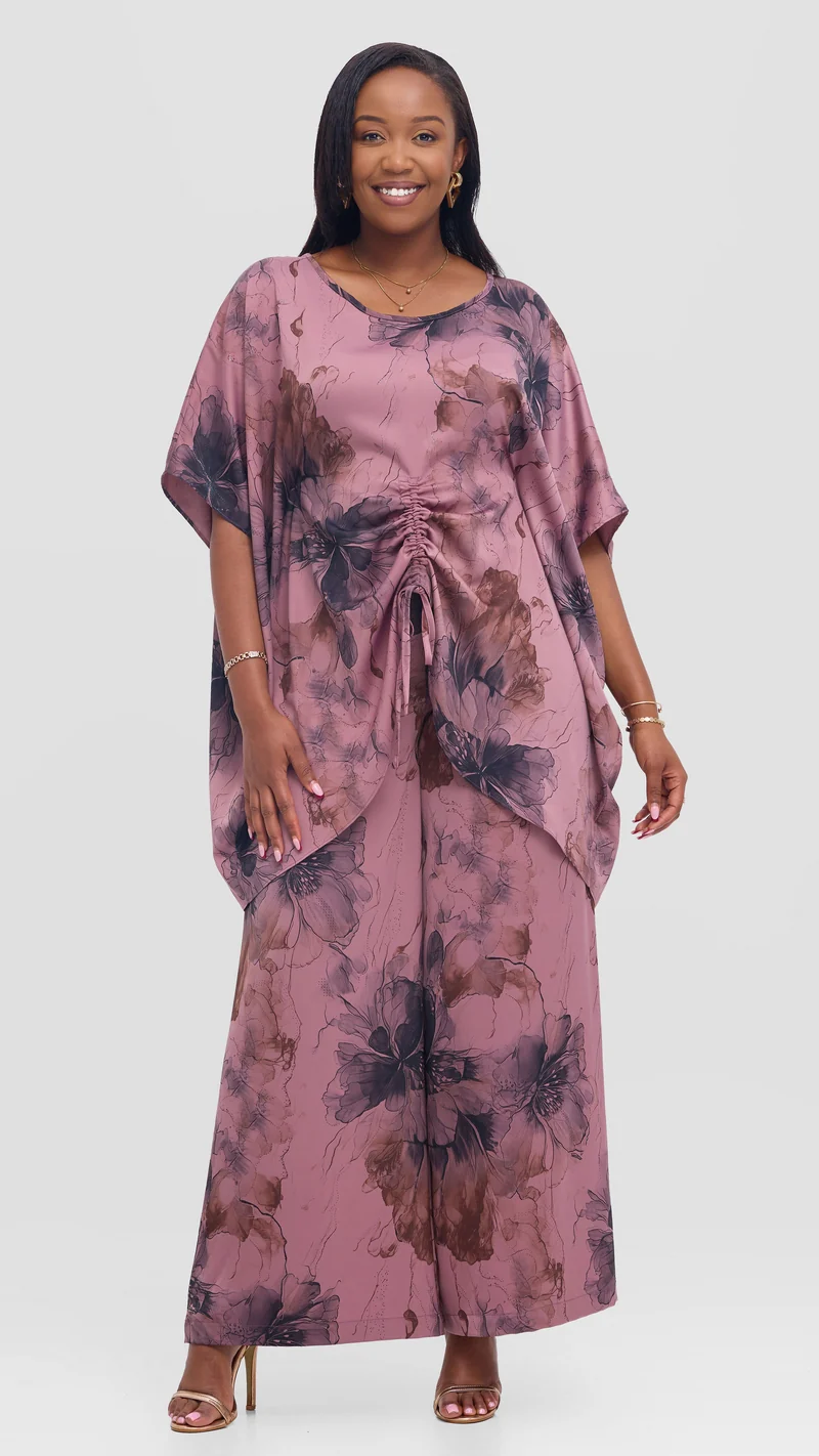 Vivo Ruched Maxi Top in Textured Satin - Rose Pink / Black Print