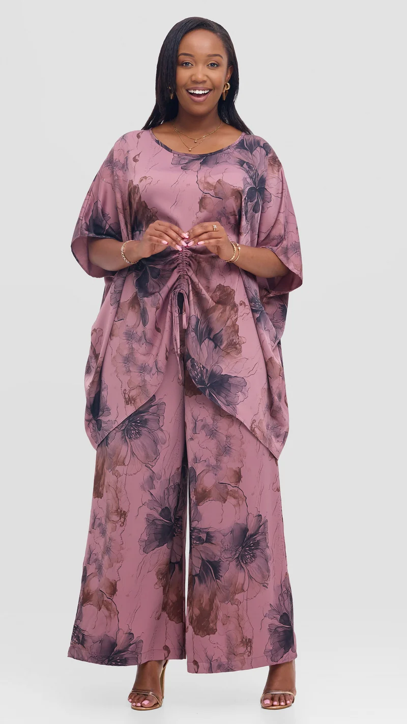 Vivo Ruched Maxi Top in Textured Satin - Rose Pink / Black Print