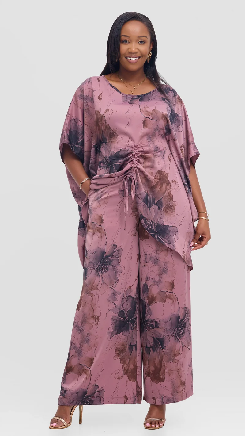 Vivo Ruched Maxi Top in Textured Satin - Rose Pink / Black Print