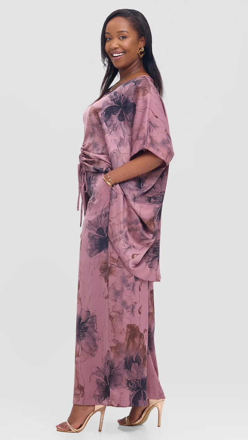 Vivo Ruched Maxi Top in Textured Satin - Rose Pink / Black Print