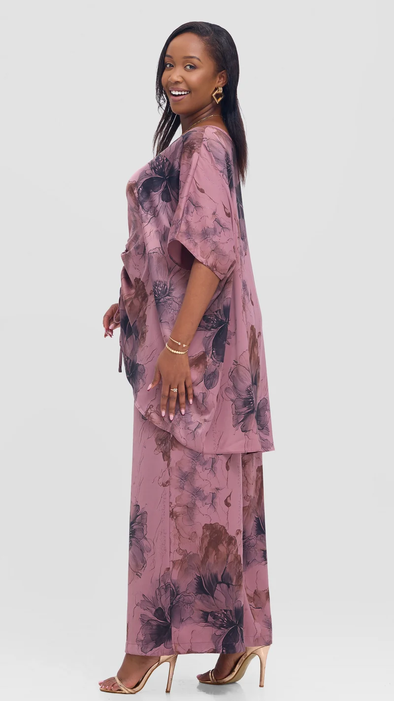 Vivo Ruched Maxi Top in Textured Satin - Rose Pink / Black Print